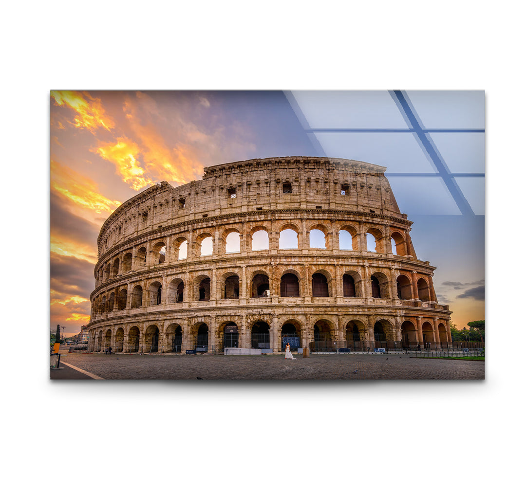 Rome Colosseum Glass Wall Art – Historic Landmark at Sunset