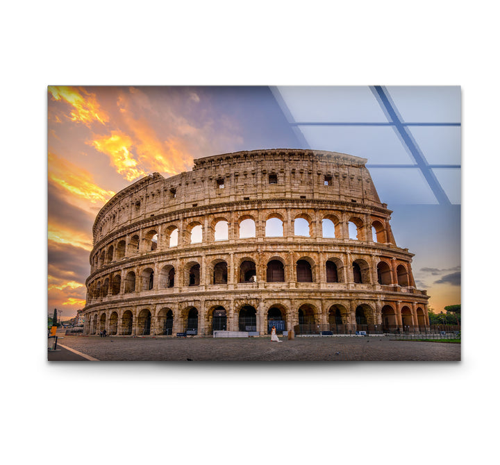 Rome Colosseum Glass Wall Art – Historic Landmark at Sunset