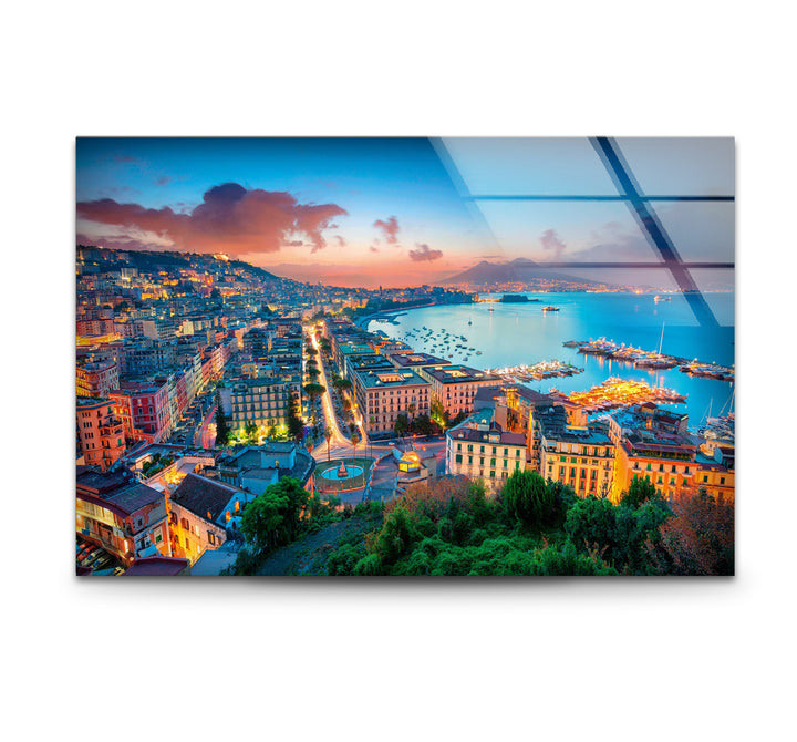 Glaswandkunst mit Skyline von Neapel – Blick auf die Bucht bei Sonnenuntergang und die Stadtlandschaft