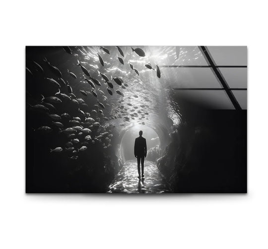 Captivating black and white wall art featuring a man walking through an underwater aquarium.