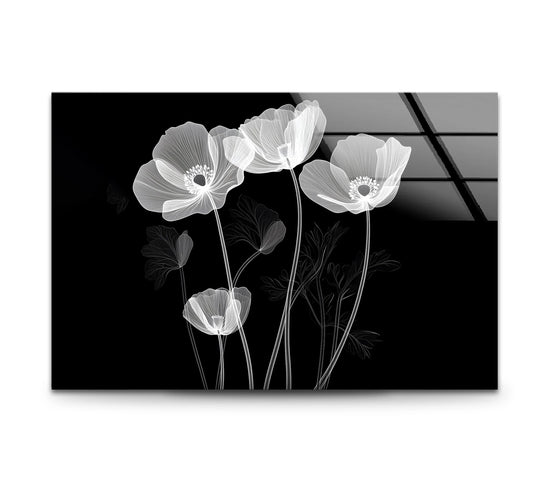 Highlighting the realistic detail, this black and white x-ray poppies showcases the best glass art, offering a stunning floral design for a modern aesthetic.