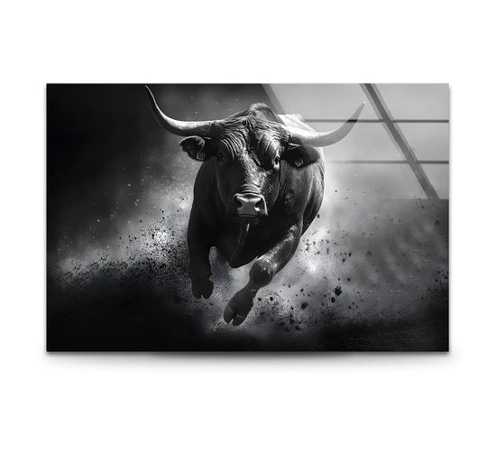 A powerful black bull charges through dust, depicted in dramatic detail on this striking glass wall artwork.