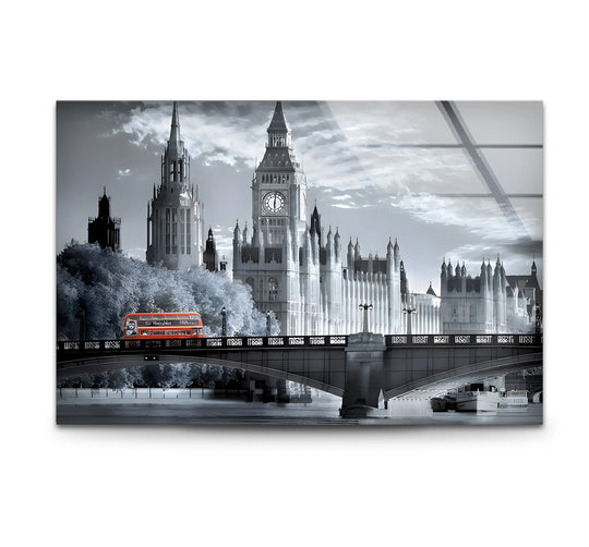 London's Big Ben, the central subject of this best glass art, shows a cityscape with a red bus on the bridge in this black and white London glass wall art.