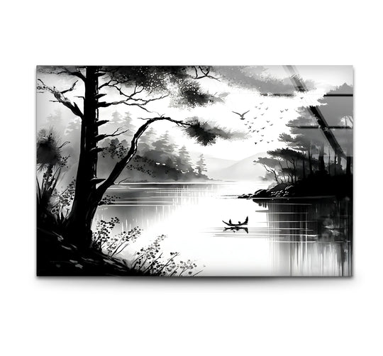 Light and shadow accentuate the monochrome lake view in this scenic glass wall artwork, creating a stunning contrast across the water and silhouetted trees.