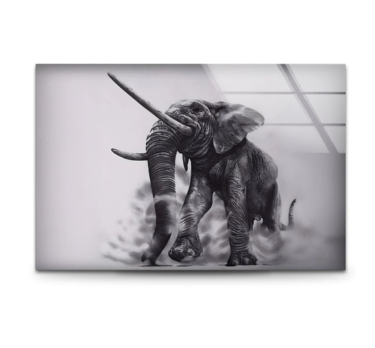 Elephant the King artwork is a black and white animal glass wall art and a stunning safari animal art piece and elephant wildlife decor