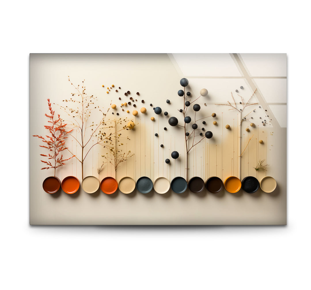 Moderne Naturpalette Wandkunst – Minimalistische Bäume &amp; Farbpunkte Glasdruck