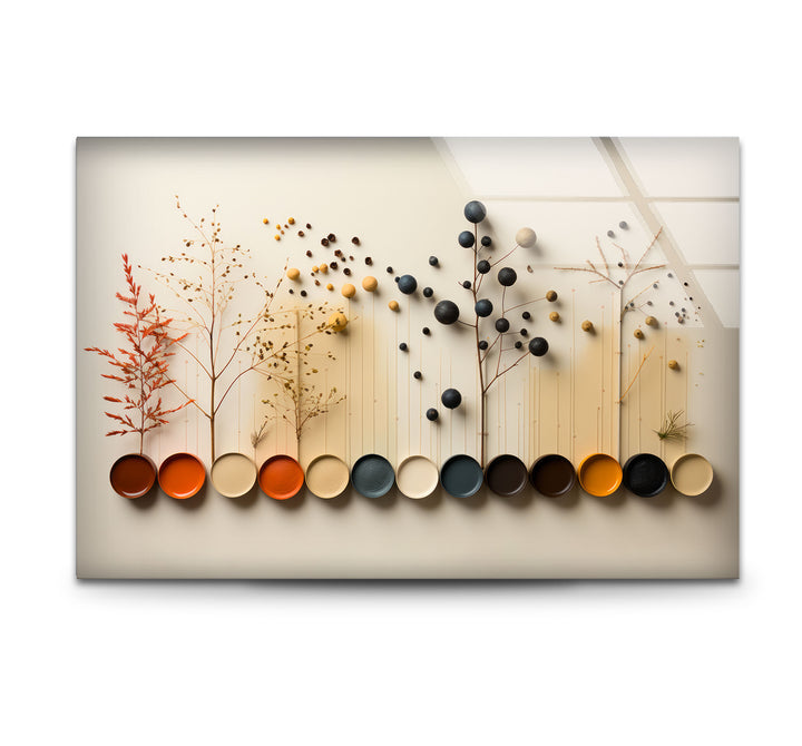 Moderne Naturpalette Wandkunst – Minimalistische Bäume &amp; Farbpunkte Glasdruck