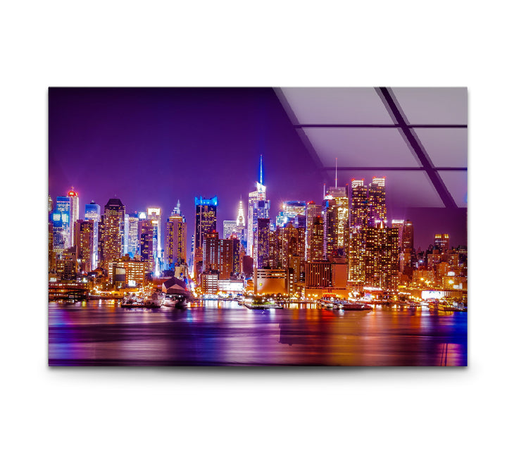 New York City Glaswandkunst – Beleuchtete Skyline bei Nacht
