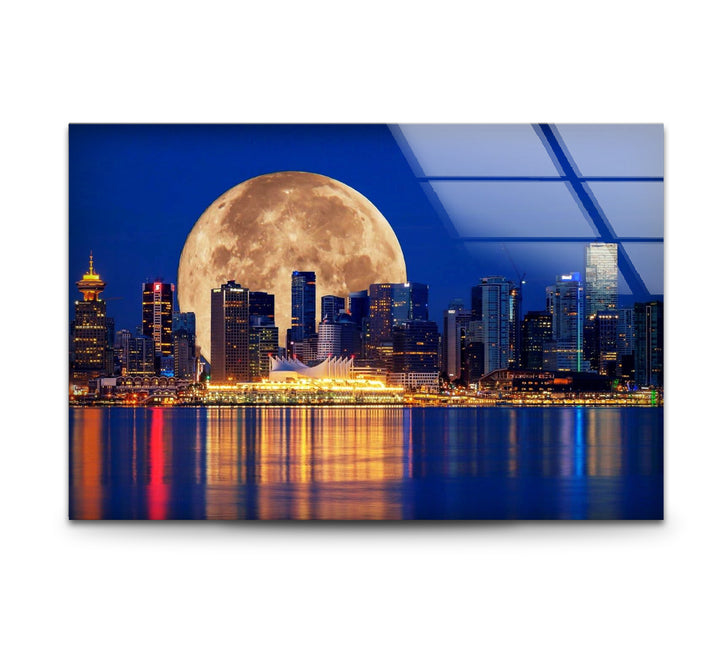 Vancouver Skyline Glass Wall Art – Supermoon Over City Lights