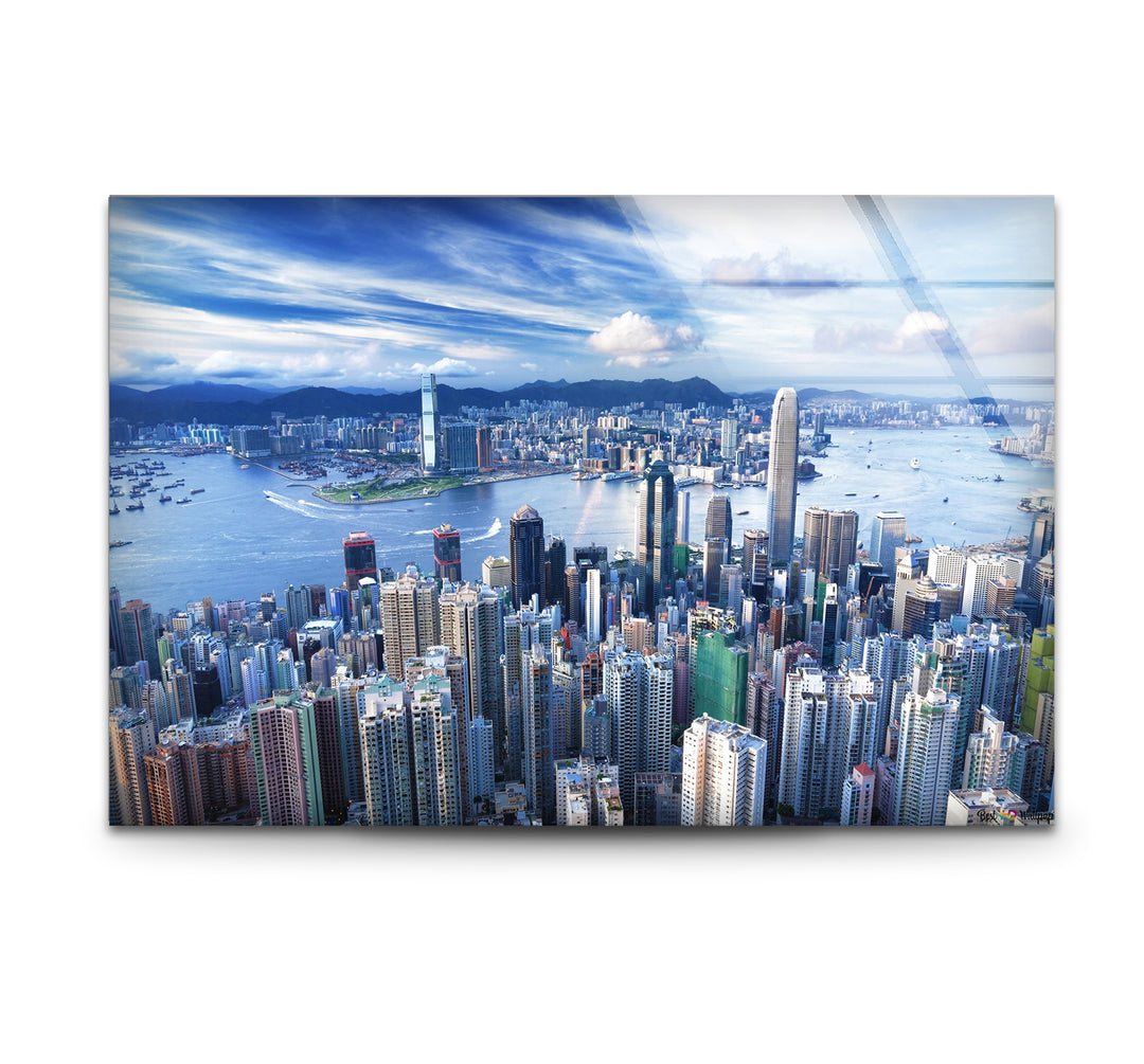 Glaswandkunst mit Skyline von Hongkong – Stadtbild und Hafen aus der Luft