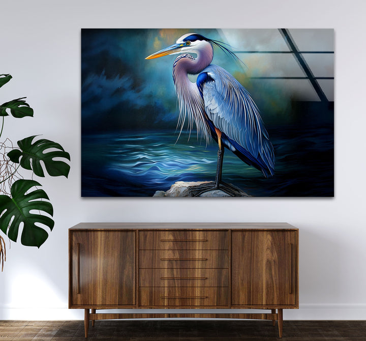 Midnight Grace – Blauer Reiher, realistische Glaswandkunst