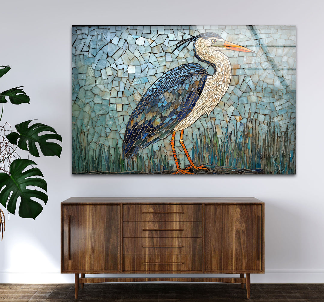 Mosaic Majesty – Blauer Reiher, Glaswandkunst
