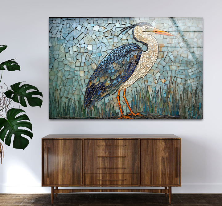 Mosaic Majesty – Blauer Reiher, Glaswandkunst