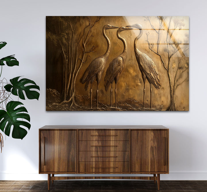 Zeitloses Trio – Bronzenes Kranich-Relief-Glaswandkunstwerk