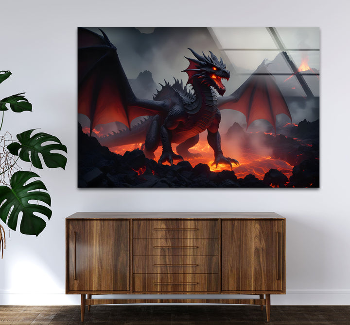 A majestic red dragon with fiery wings, standing strong in a volcanic eruption, designed for fantasy enthusiasts.
