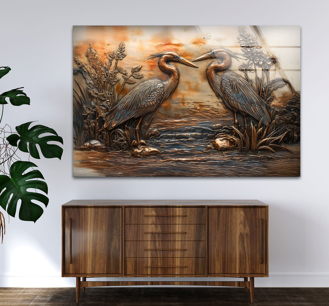 Goldene Reflexion – Zwillingsreiher in Bronze-Relief-Glaswandkunst