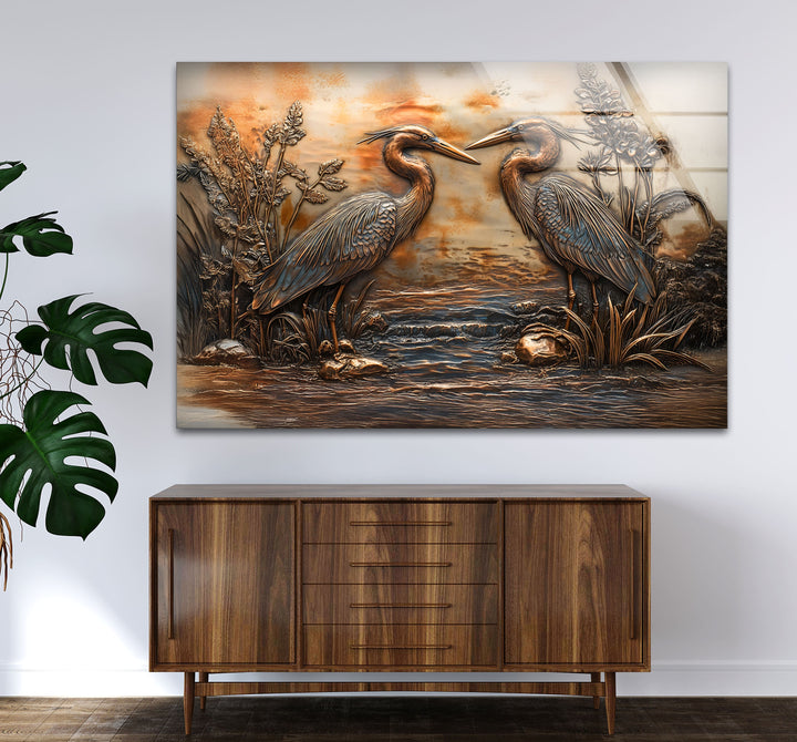 Goldene Reflexion – Zwillingsreiher in Bronze-Relief-Glaswandkunst