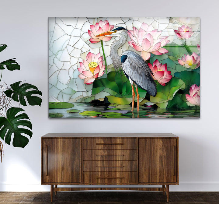 Lotus Serenity – Reiher &amp; rosa Seerosen Glaswandkunst