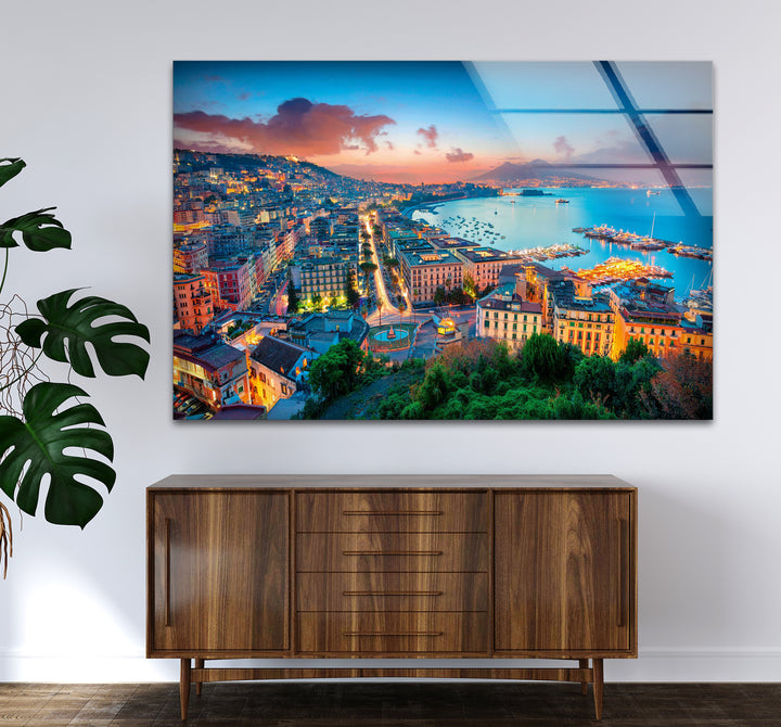 Glaswandkunst mit Skyline von Neapel – Blick auf die Bucht bei Sonnenuntergang und die Stadtlandschaft