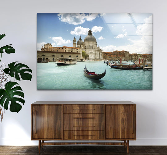 City Prints featuring a gondola view and grand canal scene and basilica and Venice Grand Canal with 8K ultra HD on glass wall art