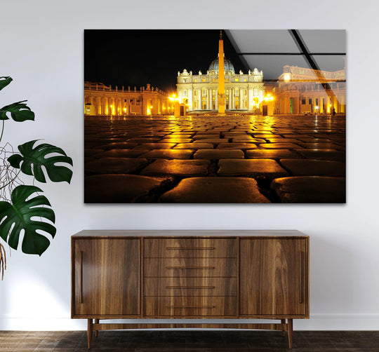 Highlighting the abstract quality, the Vatican City glass art painting features a mesmerizing night view of St. Peter’s Square rendered in glowing, fragmented forms.