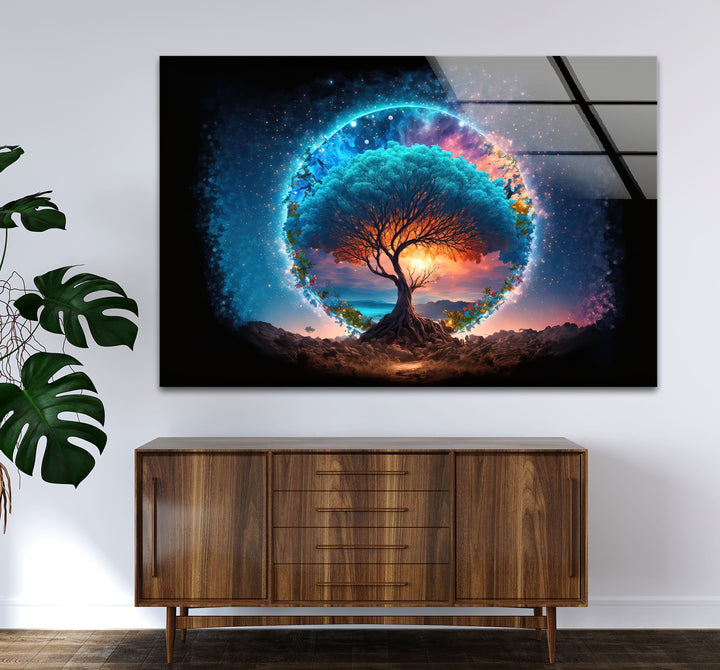 Himmlischer Lebensbaum Wandkunst – Mystisches kosmisches Glas-Wanddekor