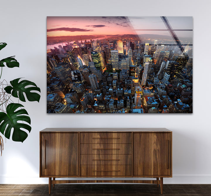New York City Glaswandkunst – Luftaufnahme bei Sonnenuntergang