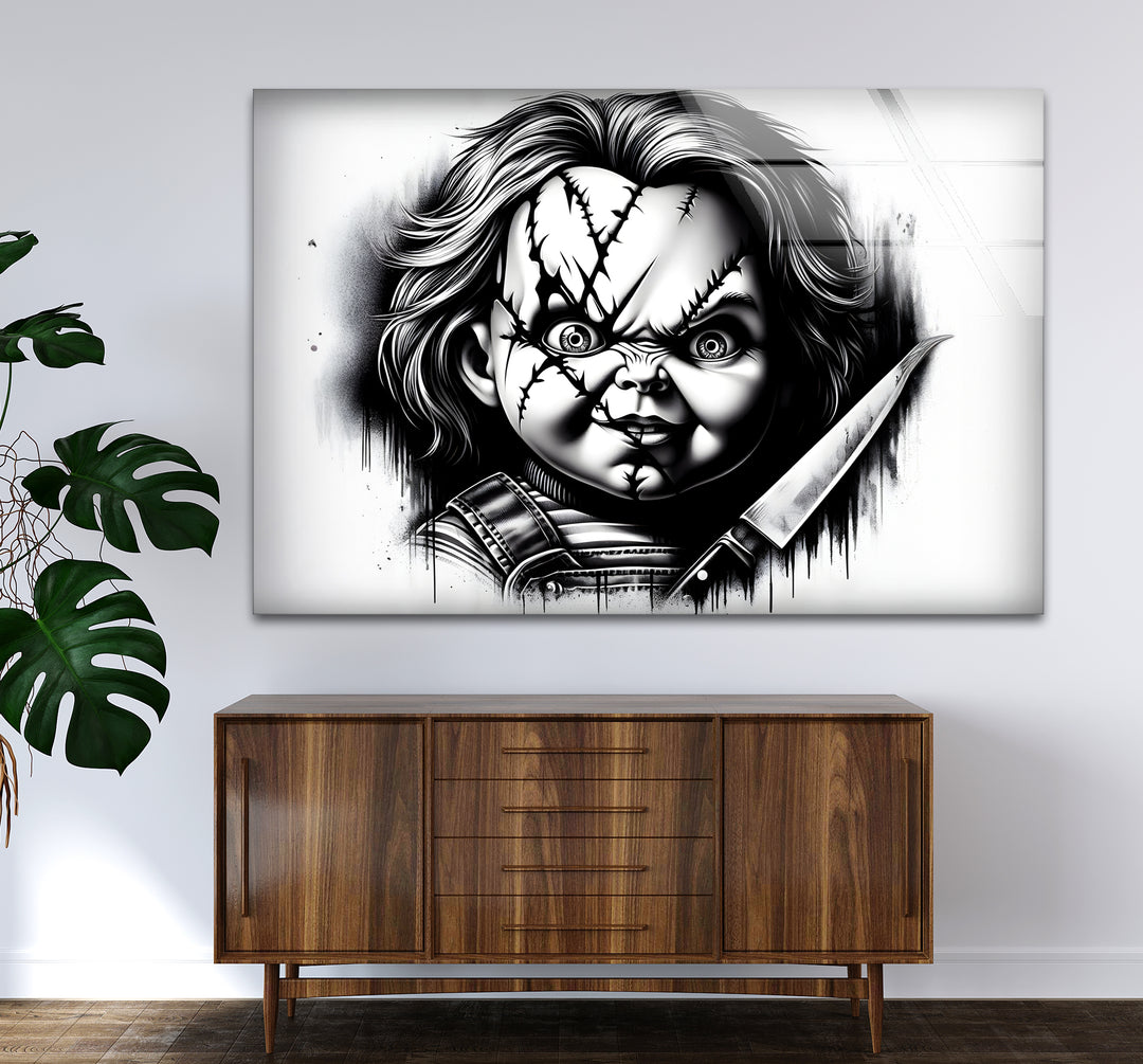 Sophisticated black and white framed art capturing the creepy charm of Chucky in a minimalist design.