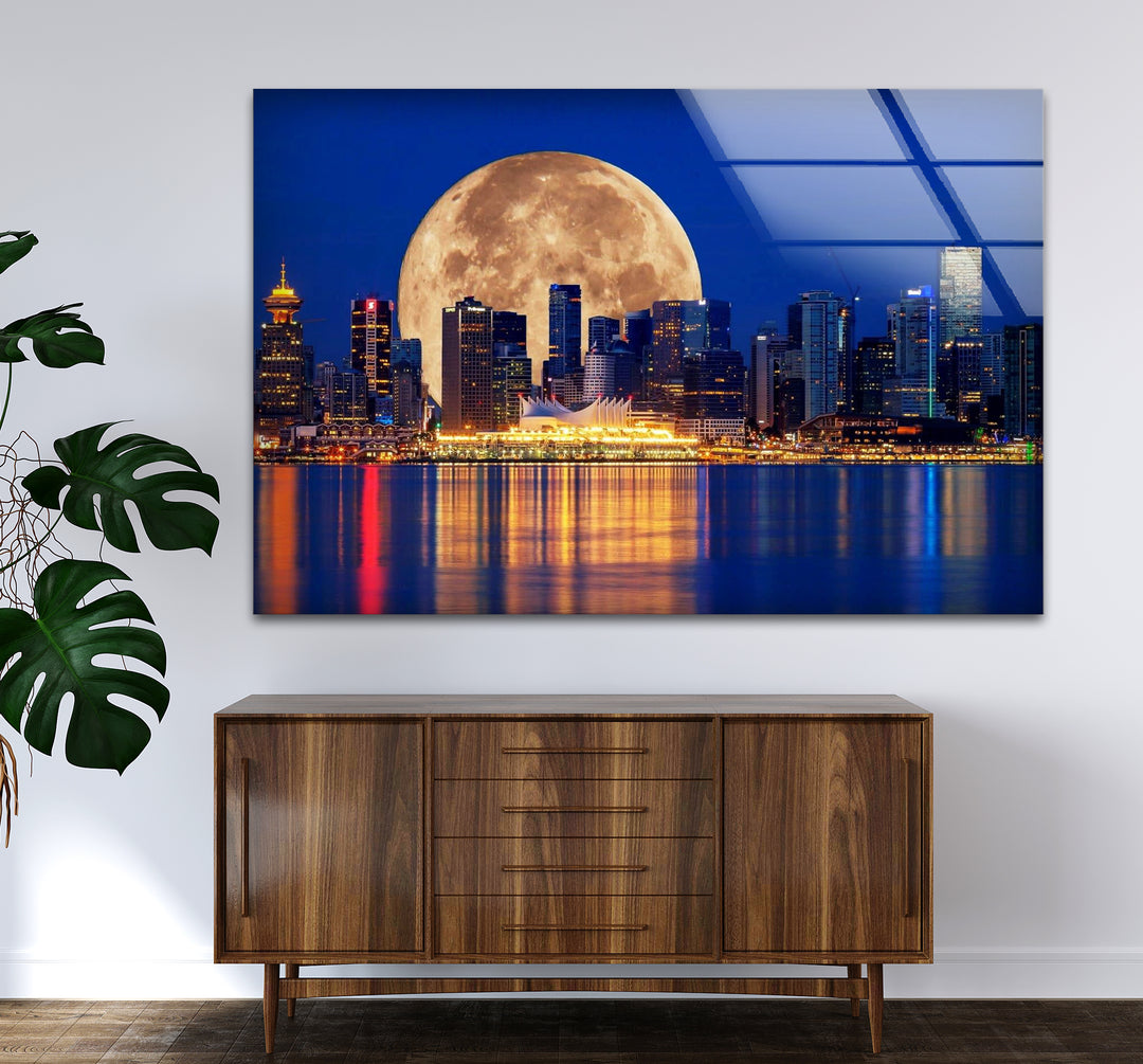 Vancouver Skyline Glass Wall Art – Supermoon Over City Lights
