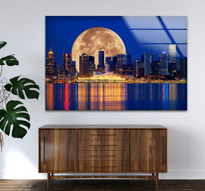 Vancouver Skyline Glass Wall Art – Supermoon Over City Lights