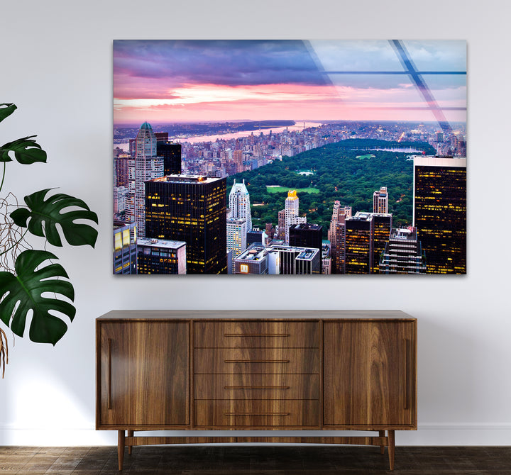Glaswandkunst New York City – Skyline und Blick auf den Sonnenuntergang im Central Park