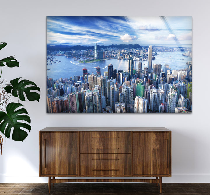 Glaswandkunst mit Skyline von Hongkong – Stadtbild und Hafen aus der Luft