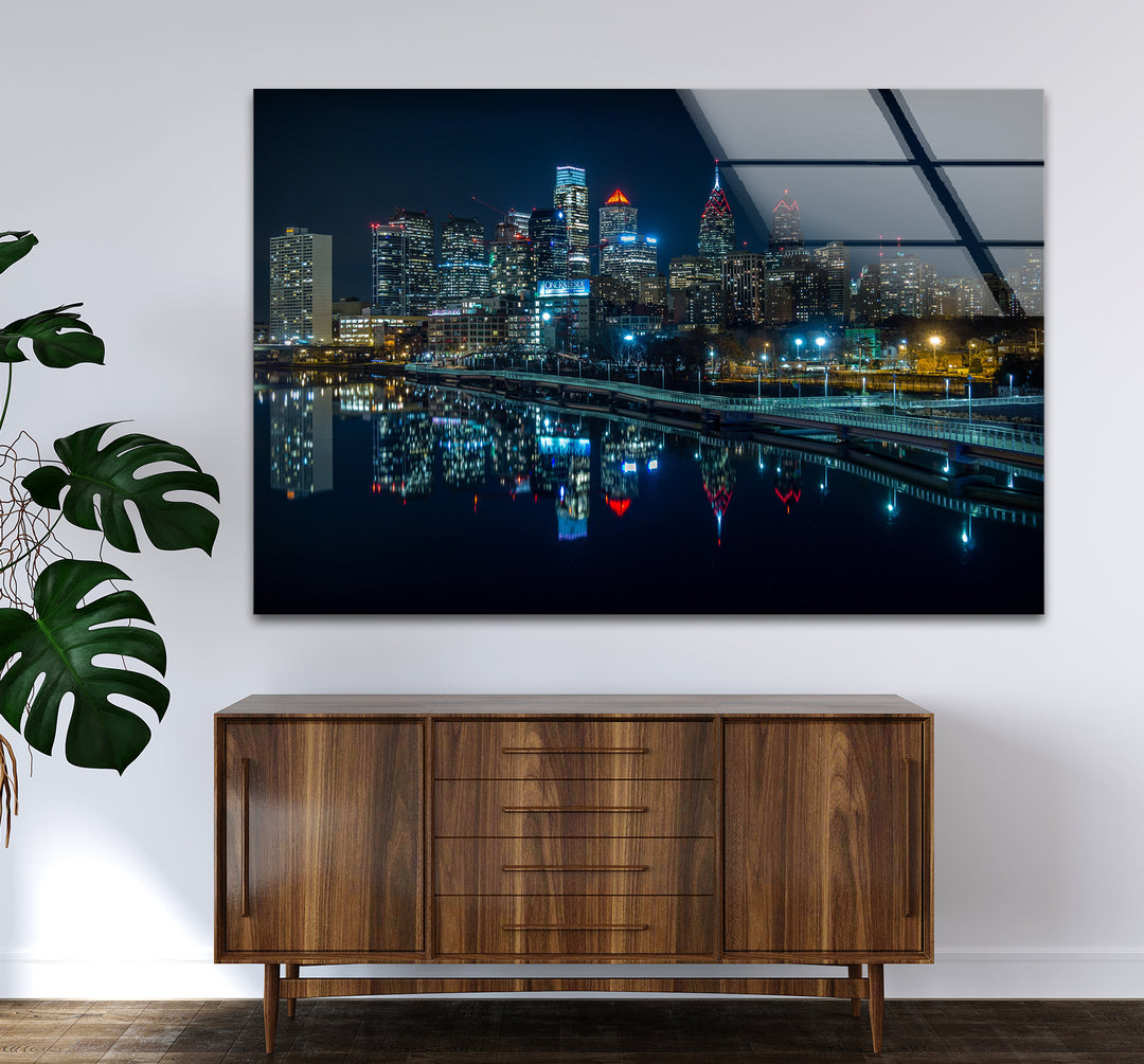 Philadelphia Glaswandkunst – Skyline-Reflexionen bei Nacht