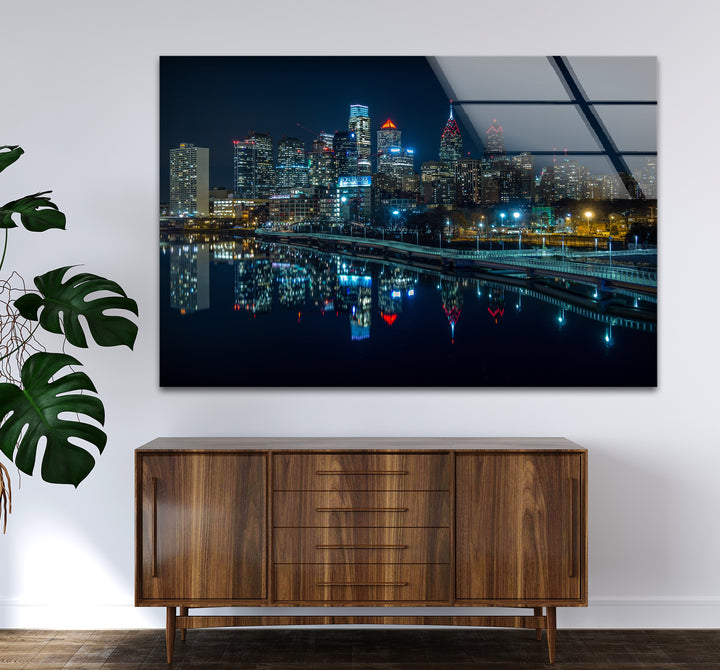Philadelphia Glaswandkunst – Skyline-Reflexionen bei Nacht
