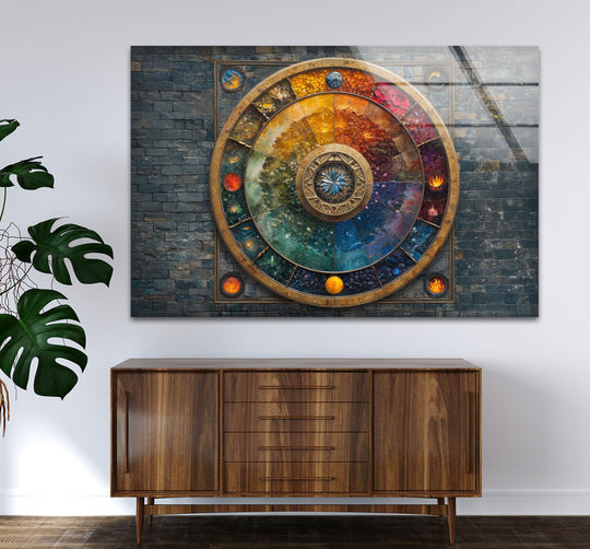 A mesmerizing stained glass printing evokes a mystical and tranquil mood with its cosmic celestial wheel design.