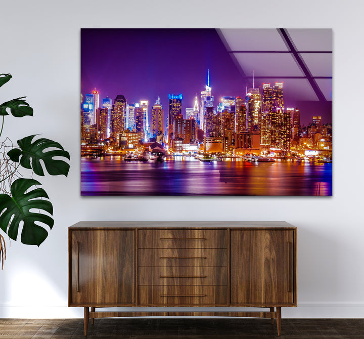 New York City Glaswandkunst – Beleuchtete Skyline bei Nacht