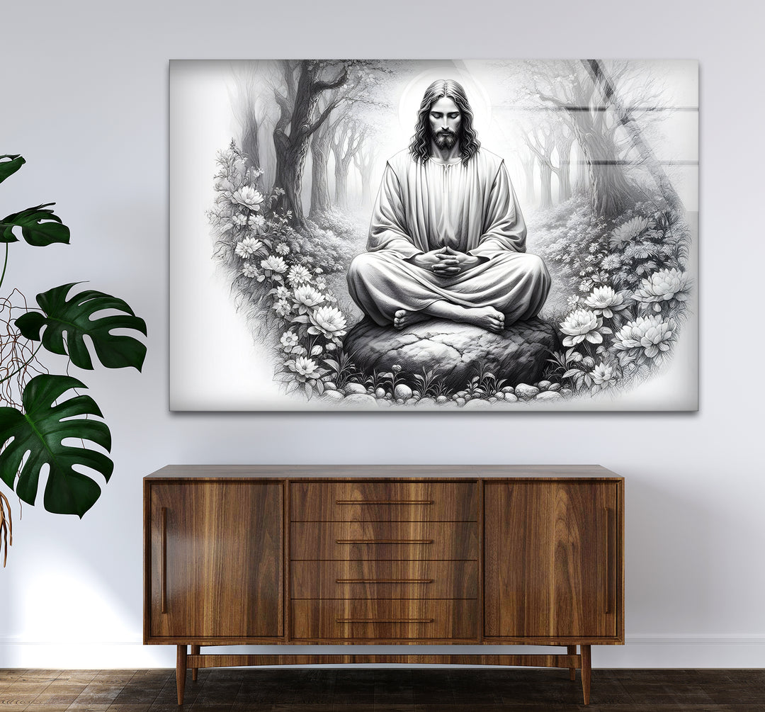 Timeless black and white framed art portraying Jesus with bold contrasts and artistic shading.