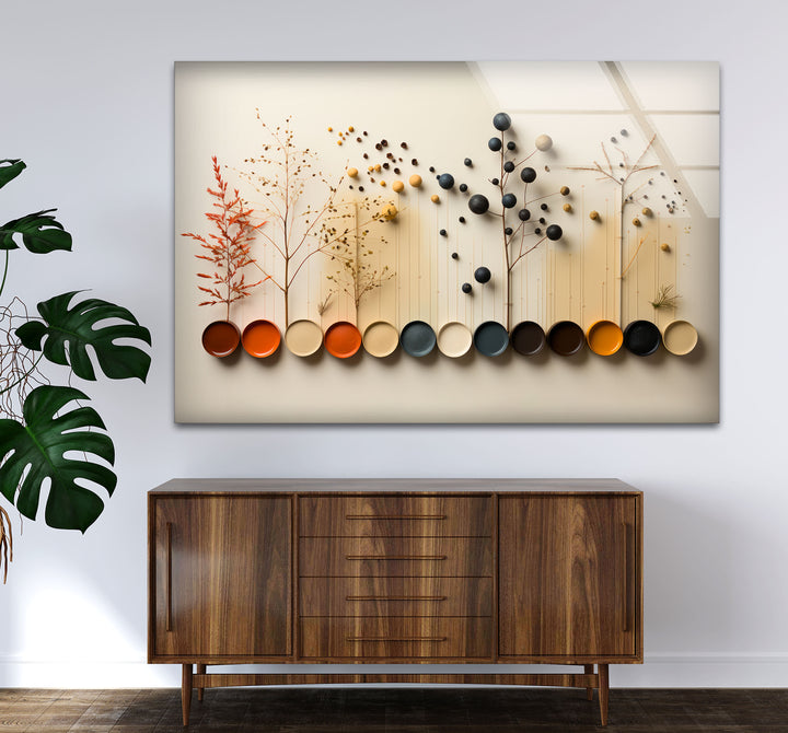 Moderne Naturpalette Wandkunst – Minimalistische Bäume &amp; Farbpunkte Glasdruck