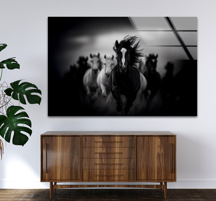 Artistic black and white abstract art portraying the movement and freedom of running horses.