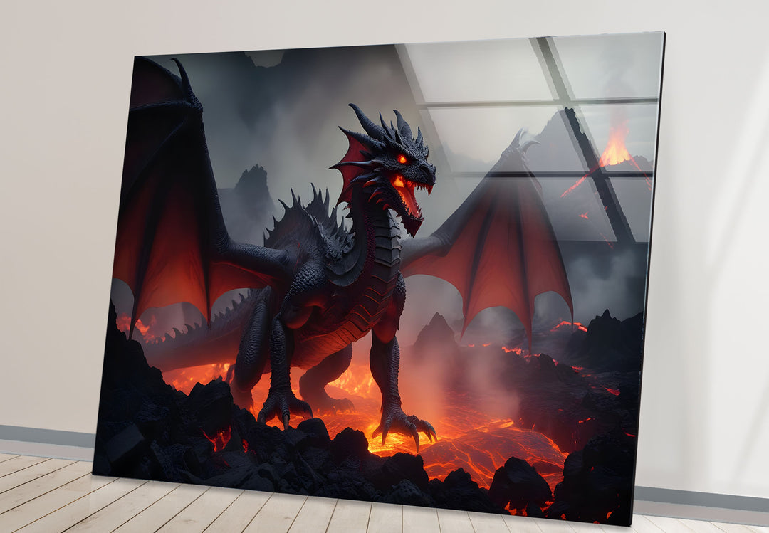 A striking red dragon with fiery wings, exuding strength and power in a fiery landscape, designed on premium glass.
