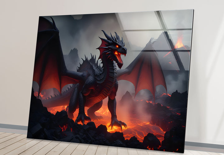 A striking red dragon with fiery wings, exuding strength and power in a fiery landscape, designed on premium glass.
