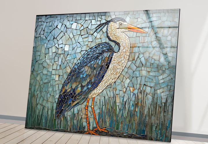 Mosaic Majesty – Blauer Reiher, Glaswandkunst