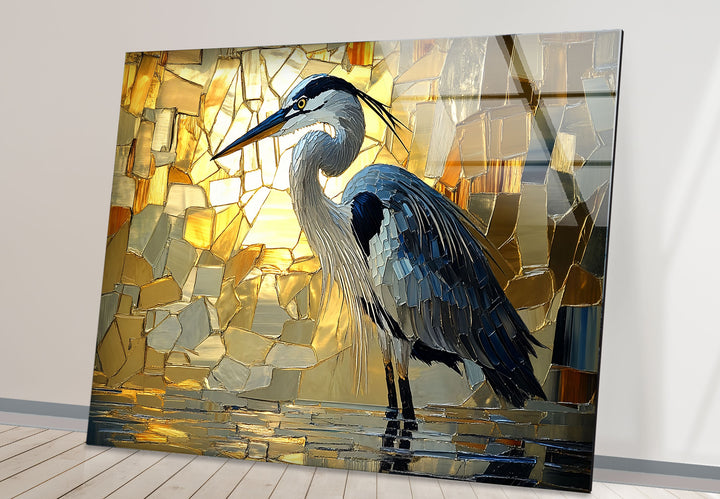 Goldenes Licht – Reiher in Mosaik-Leuchtglas-Wandkunst