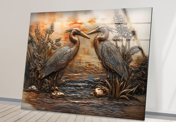 Goldene Reflexion – Zwillingsreiher in Bronze-Relief-Glaswandkunst