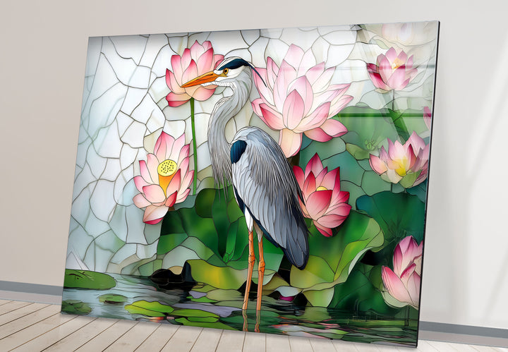 Lotus Serenity – Reiher &amp; rosa Seerosen Glaswandkunst