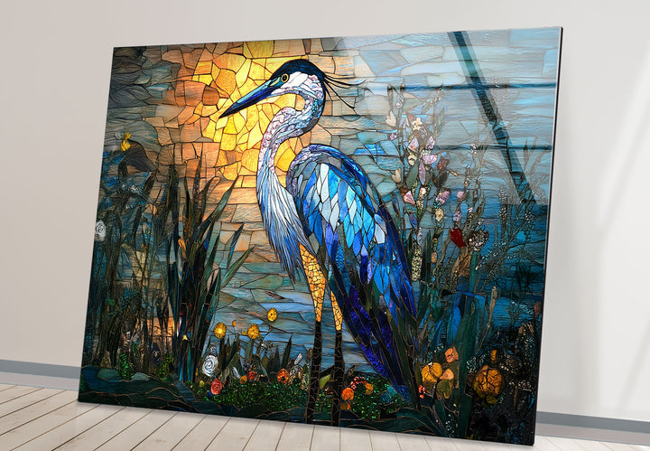Sunset Majesty – Mosaikreiher-Wandkunst aus Glas