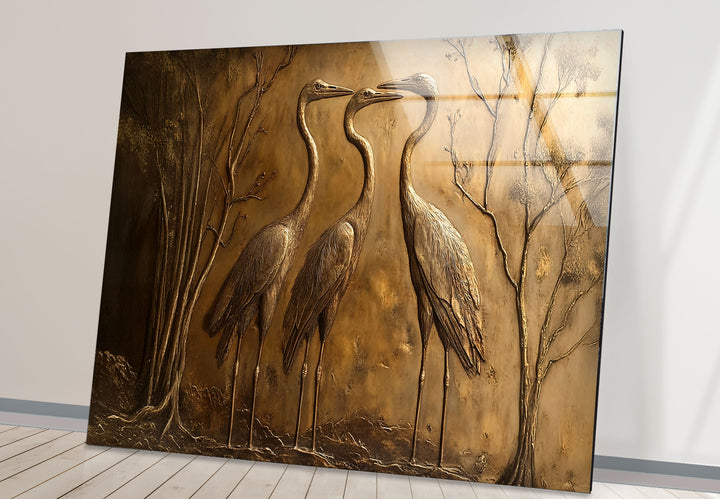 Zeitloses Trio – Bronzenes Kranich-Relief-Glaswandkunstwerk