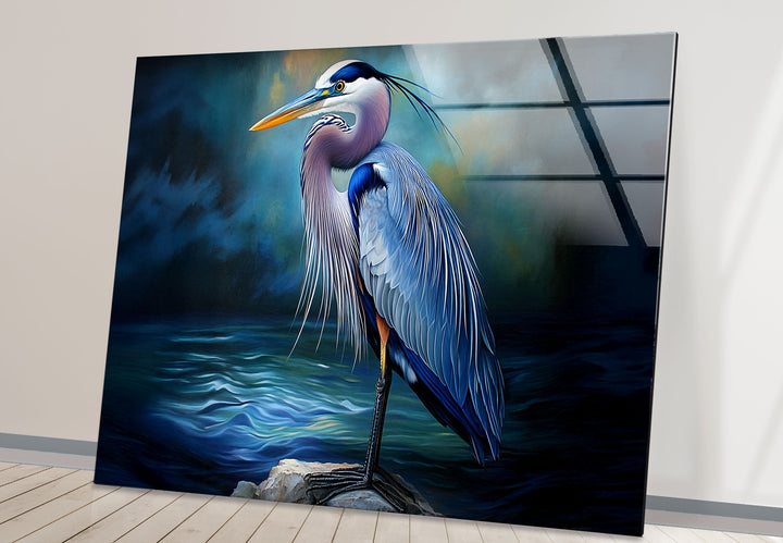 Midnight Grace – Blauer Reiher, realistische Glaswandkunst