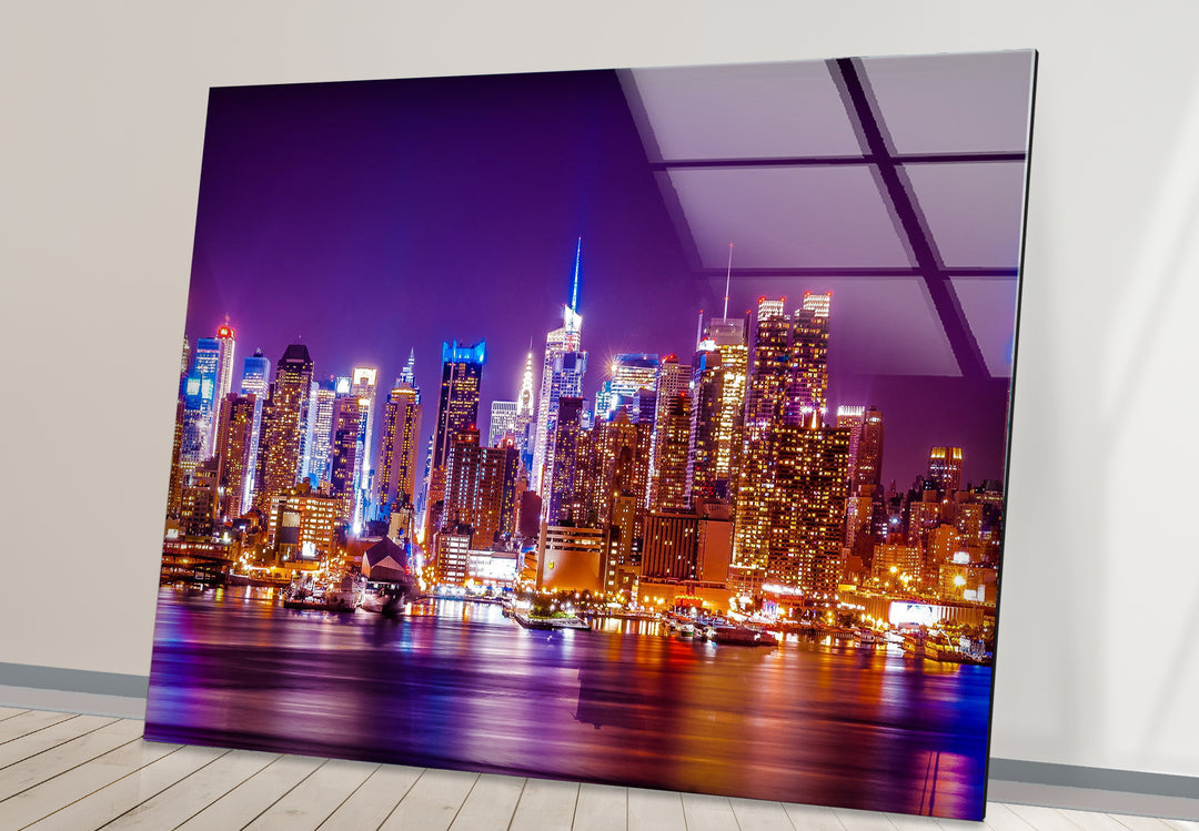 New York City Glaswandkunst – Beleuchtete Skyline bei Nacht