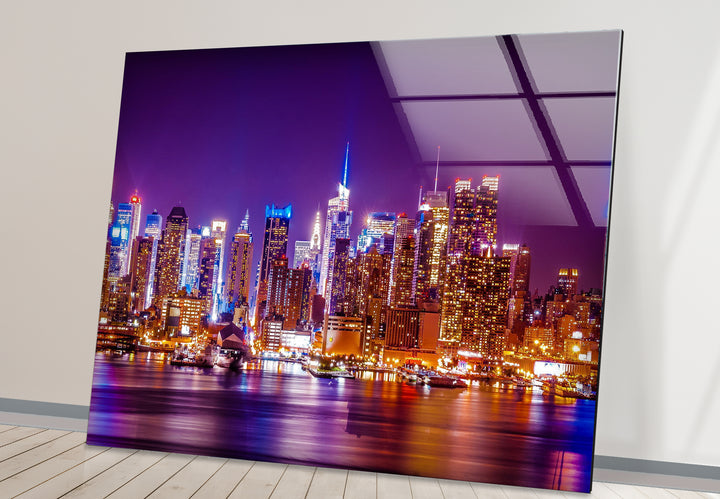 New York City Glaswandkunst – Beleuchtete Skyline bei Nacht